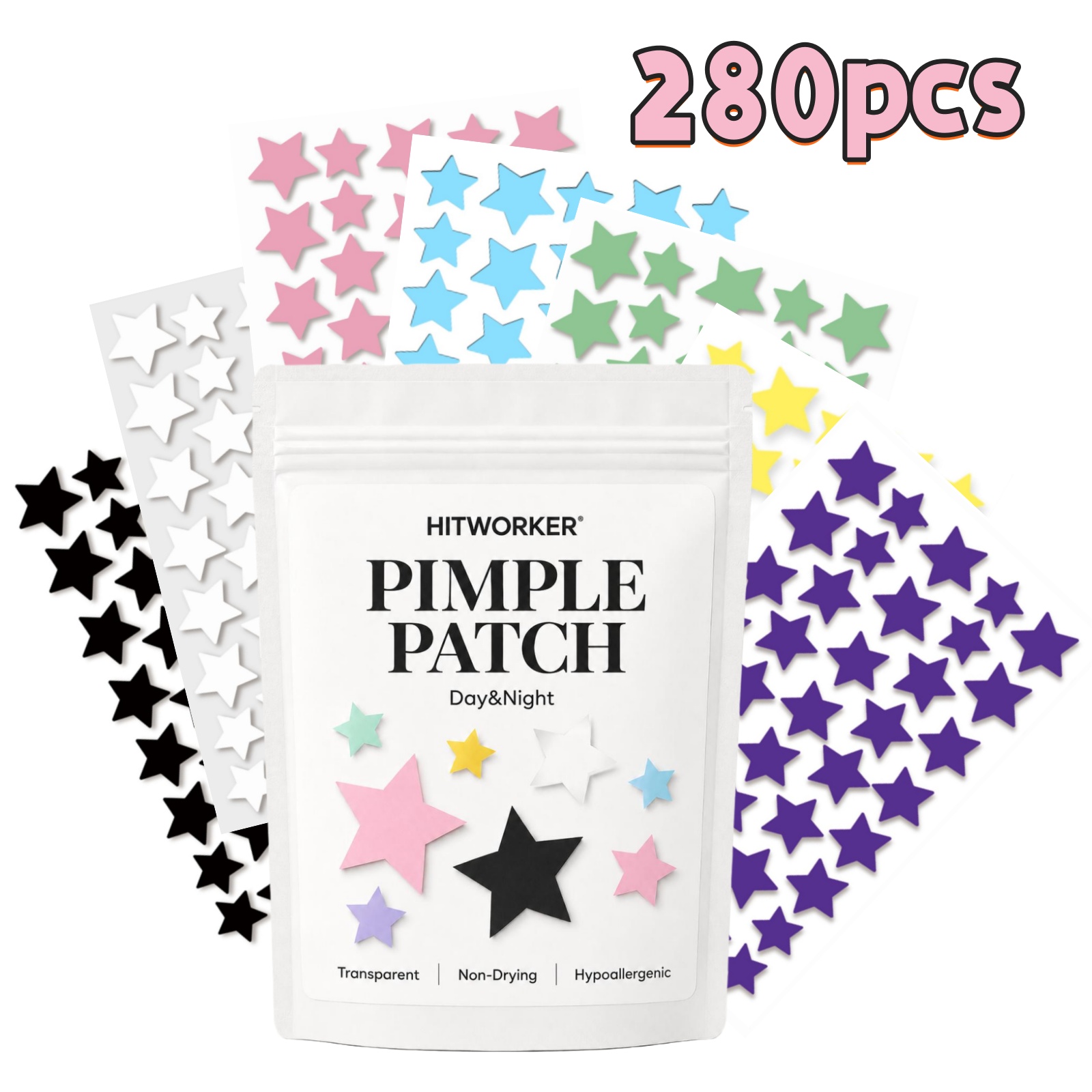 Hydrocolloid Pimple Patch - 280 Stück Regenbogenfarbene Stern-Akne-Pflaster, Niedliche Mehrfarbige