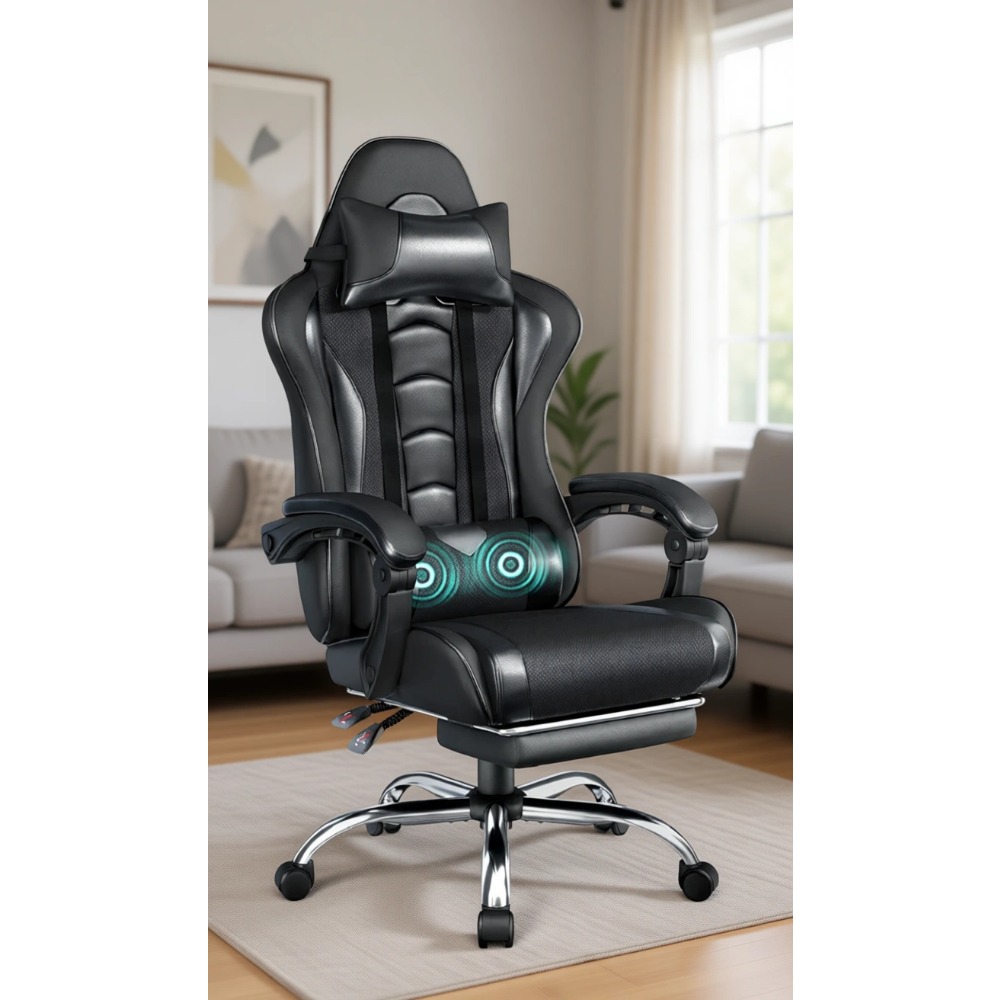 Massage - Komfortabler Gaming-Stuhl aus PU-Leder mit Fußstütze,