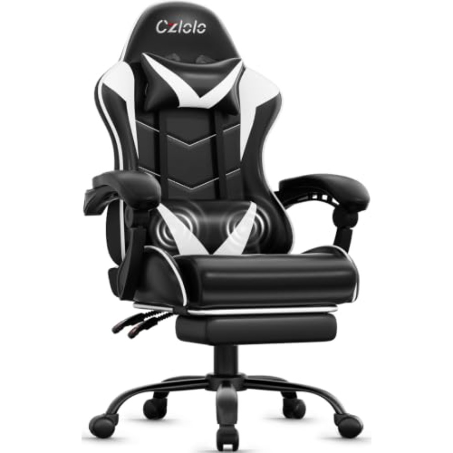 Massage - Gaming-Stuhl mit Fußstütze, Racing-Stil, Schwarzes PU-Leder,